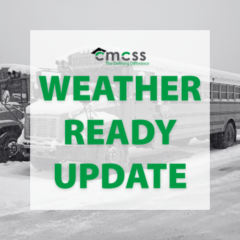 Black and white image of snow-covered school buses with "Weather Ready Update" in bold green text overlay